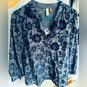 Pilcro Navy Floral Embroidered Blouse